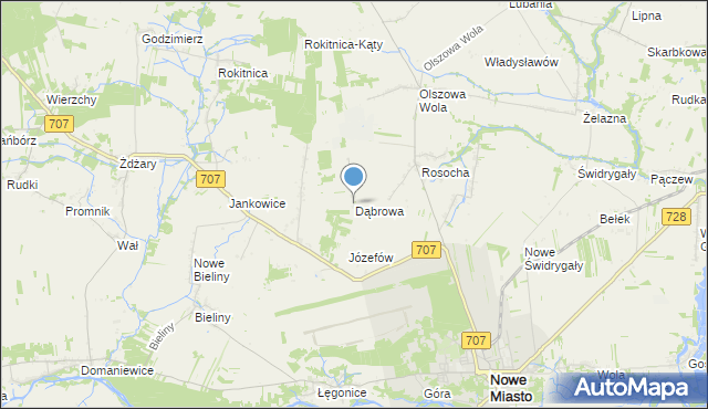 mapa Dąbrowa, Dąbrowa gmina Nowe Miasto nad Pilicą na mapie Targeo
